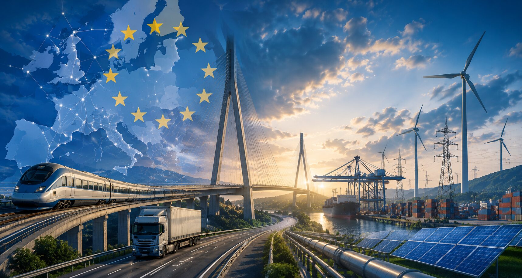 EU infrastructure funding illustration showing rail, road, shipping and air transport in Europe by Leyton
