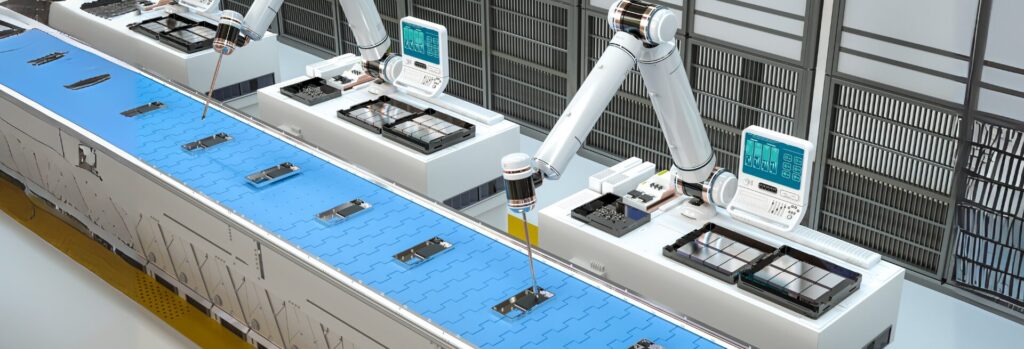 Robot assembly line with smartphone in factory