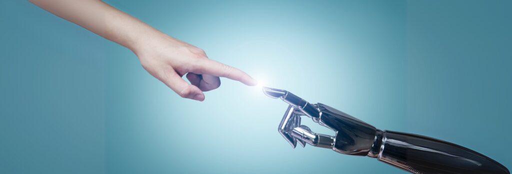 a human hand reaching out to an AI robot