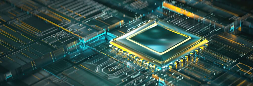Futiristic microchip processor with lights. Quantum computer, large data processing, Central computer processors CPU