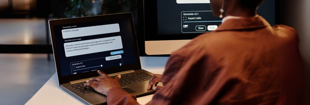 AI image generator app. Person creating photo art with Artificial Intelligence software in computer laptop.