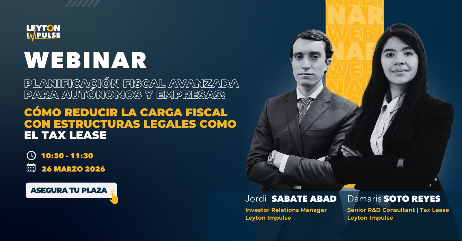Webinar: Planificación fiscal avanzada para autónomos y empresas: cómo reducir la carga fiscal con estructuras legales como el Tax Lease
