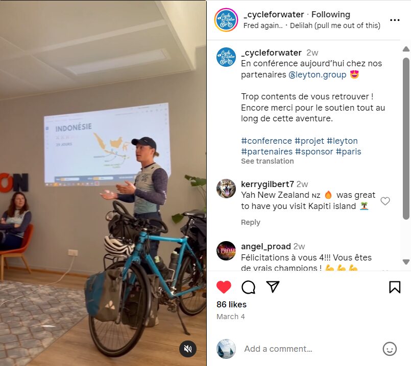Page Instagram Cycle For Water - post à l'occasion de leur breakfast au siège de Leyton
