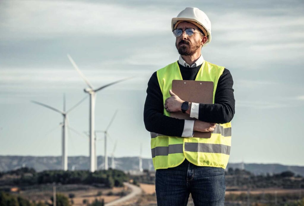 Uomo guarda l'orizzonte davanti a un impianto eolico.