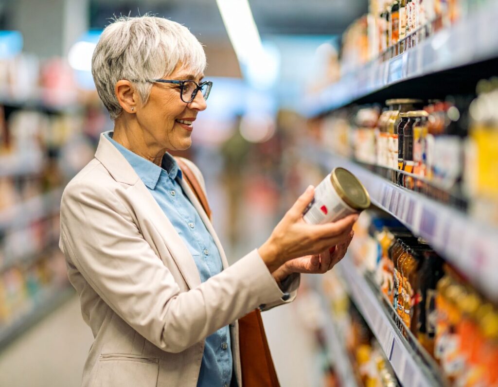 Una signora che controlla il codice a barre di un prodotto al supermercato