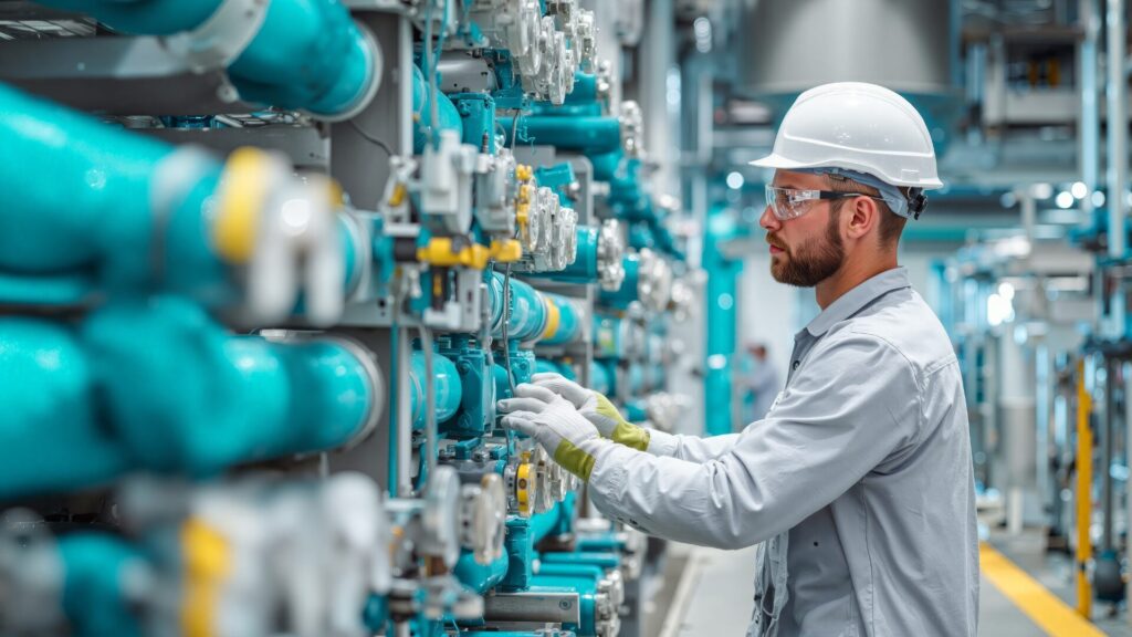 lavoratore in impianto di stoccaggio di energia ad idrogeno