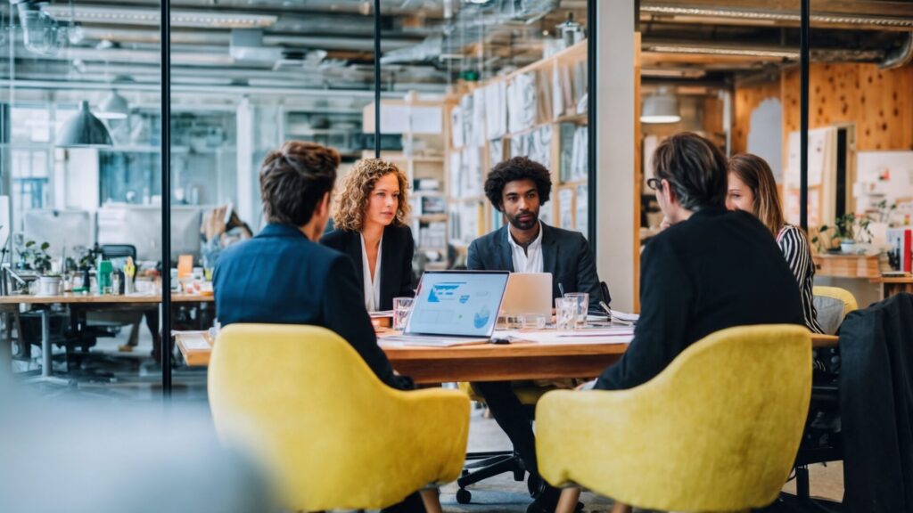 Piccolo team in una riunione aziendale sulle ultime notizie in merito alla Transizione 5.0