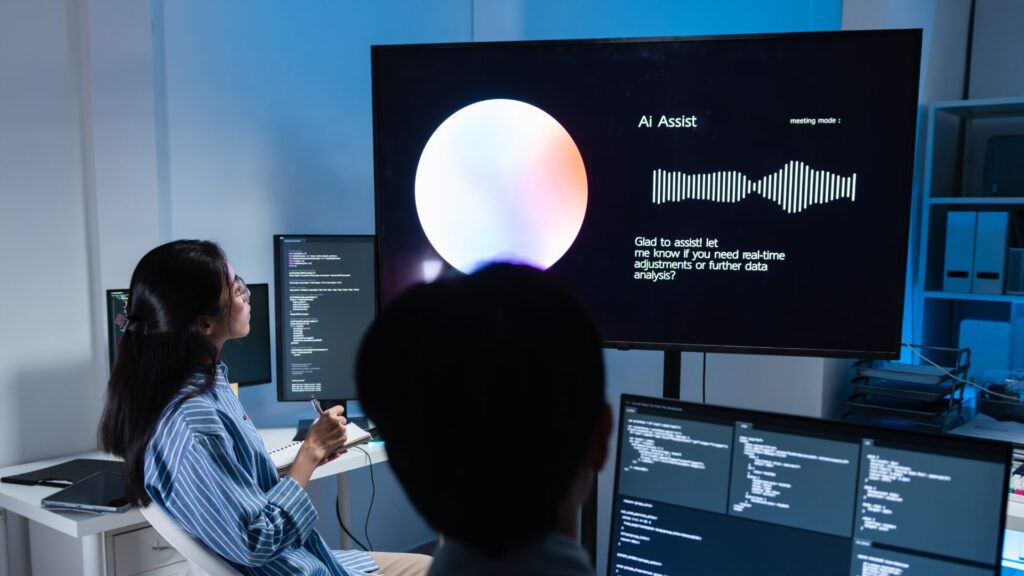 Manager e consulenti in riunione strategica con supporto di strumenti di intelligenza artificiale per la consulenza, simbolo di innovazione, efficienza e decisioni data‑driven
