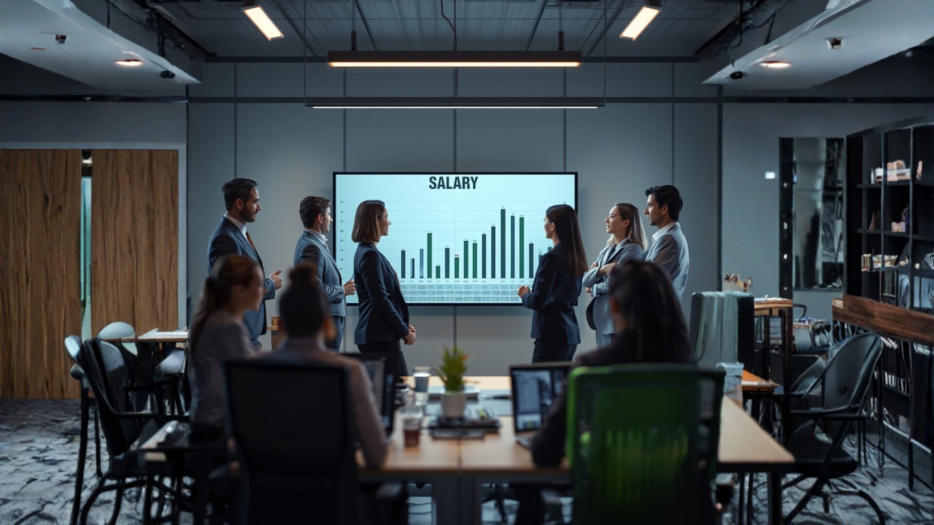 Un team misto di uomini e donne in un ambiente d’ufficio moderno osserva insieme grafici e dati su uno schermo digitale