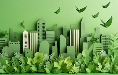 grafika przedstawiająca papierową zieloną makietę miasta